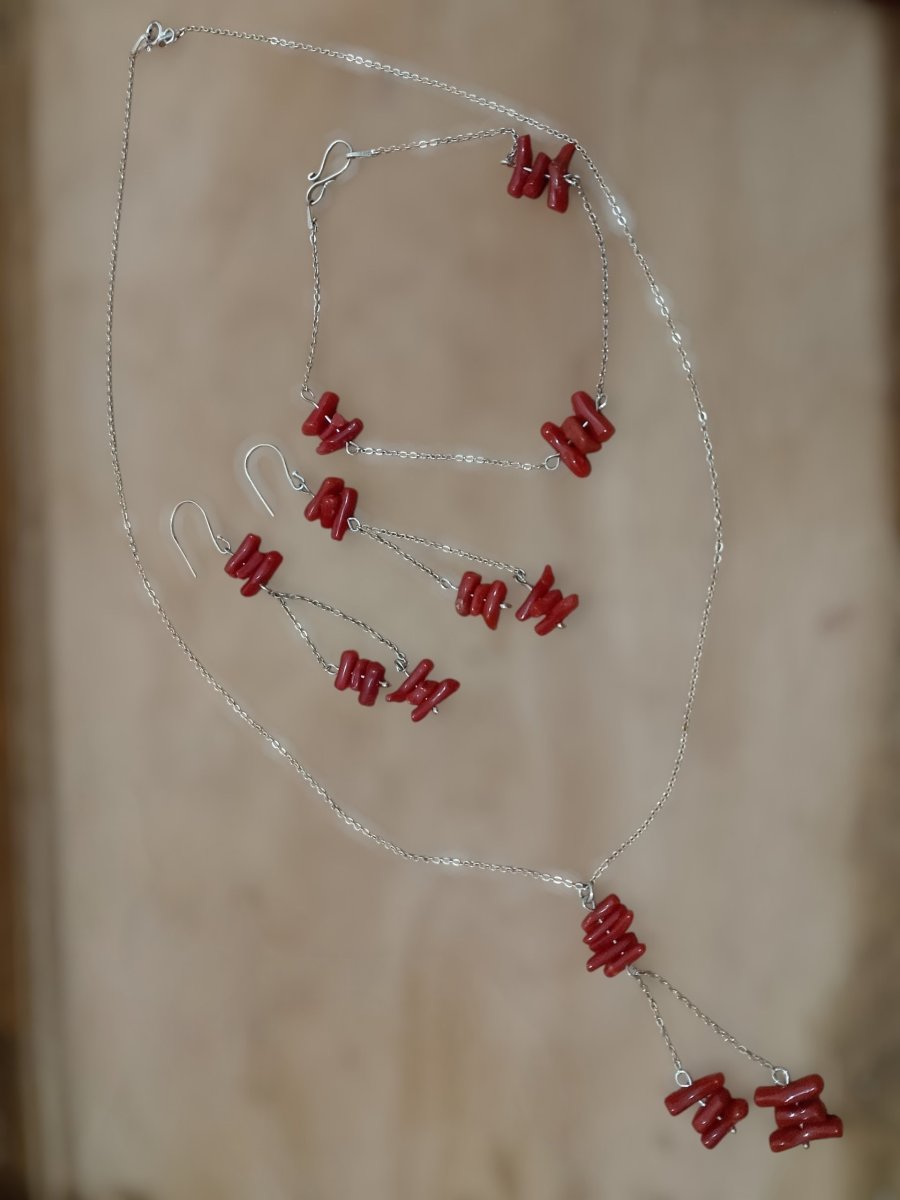 طقم المرجان الأحمر و الفضة الخالصة T-06